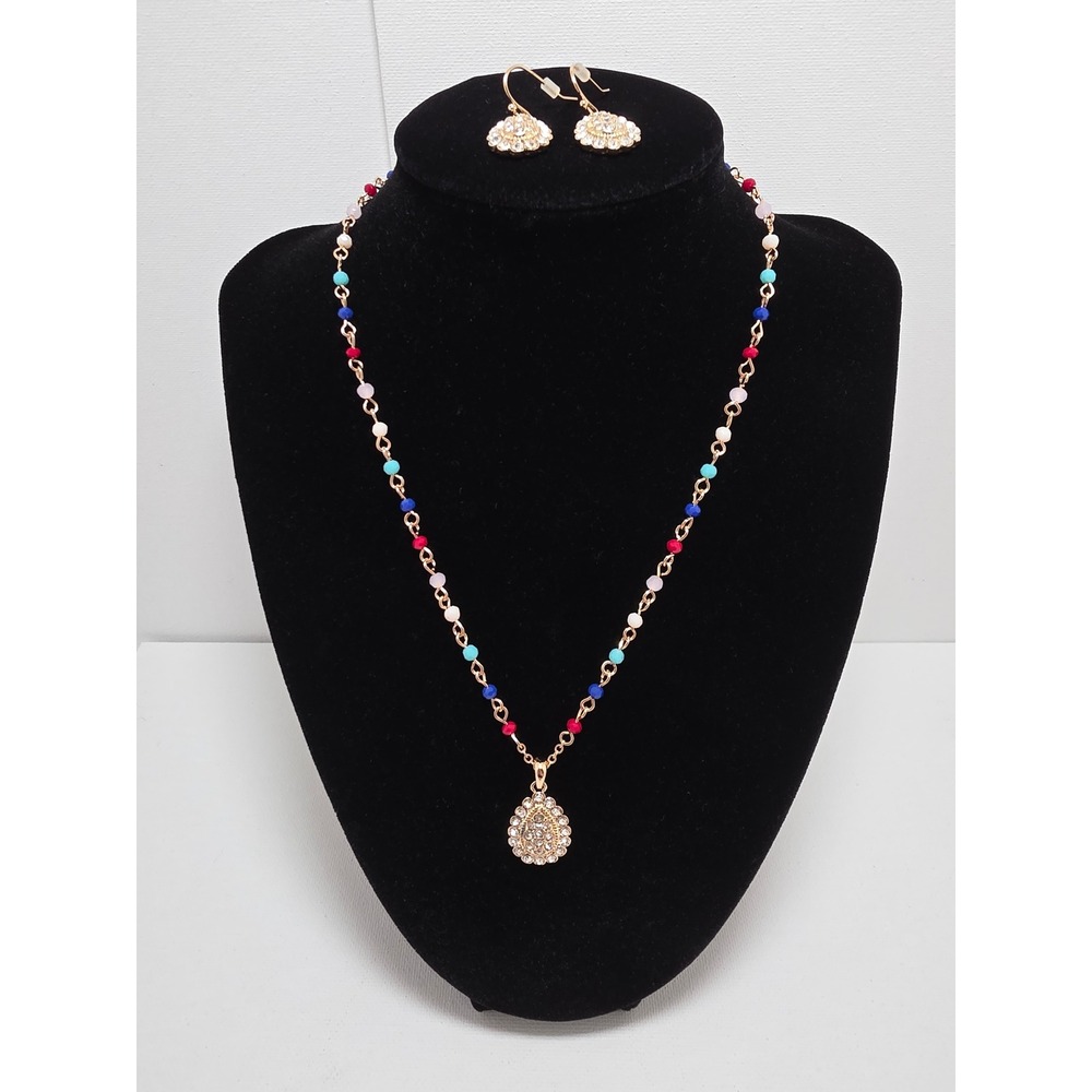 Avon Gold Tone Multi Color Bead Rhinestone Teardrop Necklace Earring Demi Parure